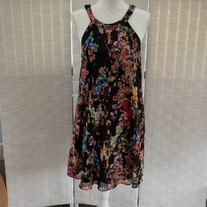 Betsey Johnson Black Floral Halter Mini Dress with Multicolor Blooms, size 8